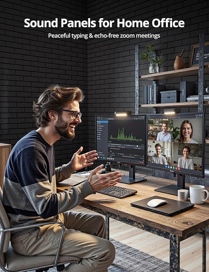 Acoustic Wall Panels, Brick Pattern Peel and Stick Sound Absorbing Panel for Ceiling, Door, Pared, 12 Pack 12"x12"x0.4", Black Decorative Self Adhesive Wall Tiles for Recording Studio, Room