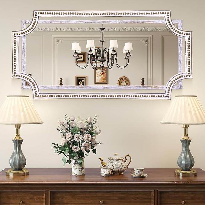 24" X 47" Wooden Farmhouse Large Wall Mirror, Rustic Art Decorative Full Length Mirrors for Living Room, Bedroom, Bathroom, Entryway - Hang Horizontally or Vertically