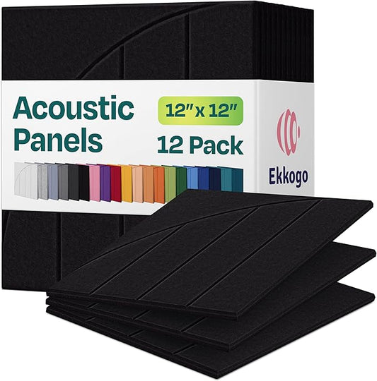 Acoustic Panels 12-Pack Soundproof Wall Panels 12"x12"x0.4" Decorative Sound Dampening for Your Home, Office, Studio, Bedroom & More with Unique ModuArc Carving [Deep Black]