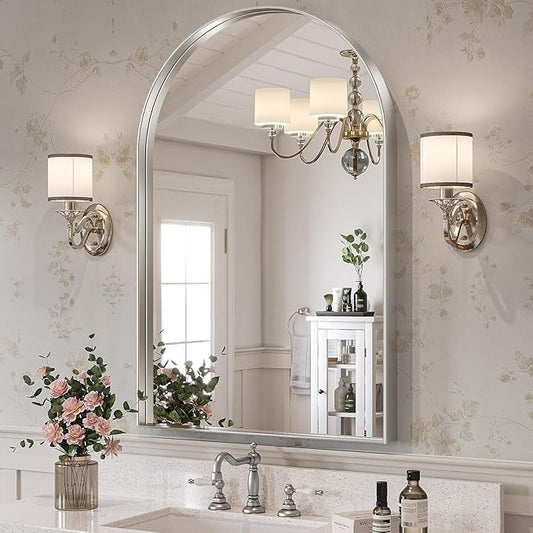 Brightify Arched Mirror, Arched Wall Mirror, 28 x 40 Inch Silver Arch Mirror, Metal Frame Silver Bathroom Mirror, Arched Top Bathroom Vanity Mirror for Living Room Bedroom Mantel Entryway Hallways