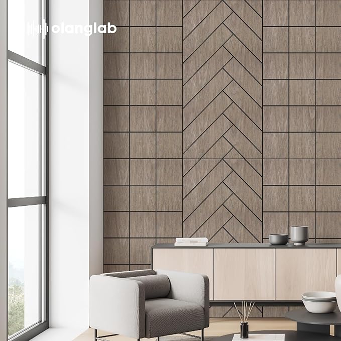 Olanglab Wood Veneer Wall Panels 6 Pack, 24‘’X48‘’ Sound Absorbing Panels for Noise Reduction, Herringbone