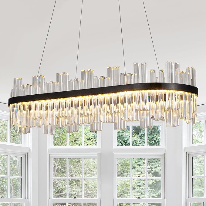 Black Modern Led Crystal Chandelier: 39.3" Rectangle Linear 3 Color Dimmable Chandeliers for Dining Room Over Table - Luxury Rectangular Contemporary Oval Light Fixture for Living Room Bedroom Foyer