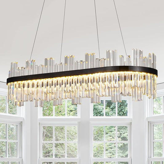 Black Modern Led Crystal Chandelier: 39.3" Rectangle Linear 3 Color Dimmable Chandeliers for Dining Room Over Table - Luxury Rectangular Contemporary Oval Light Fixture for Living Room Bedroom Foyer