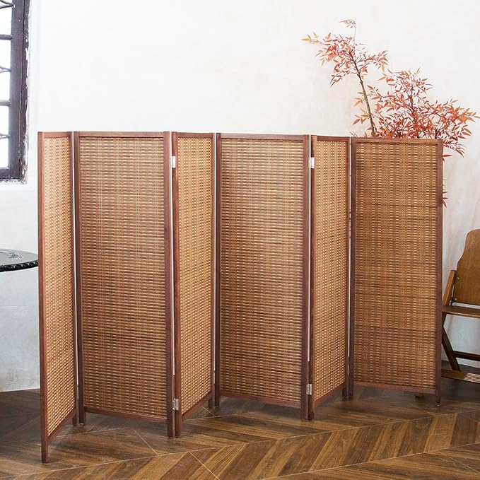 6 Panel Room Divider Short Folding Screen Divider,Double Sided Bamboo Panel Divider for Room Separation,Brown,47.2" H x 92.1" W