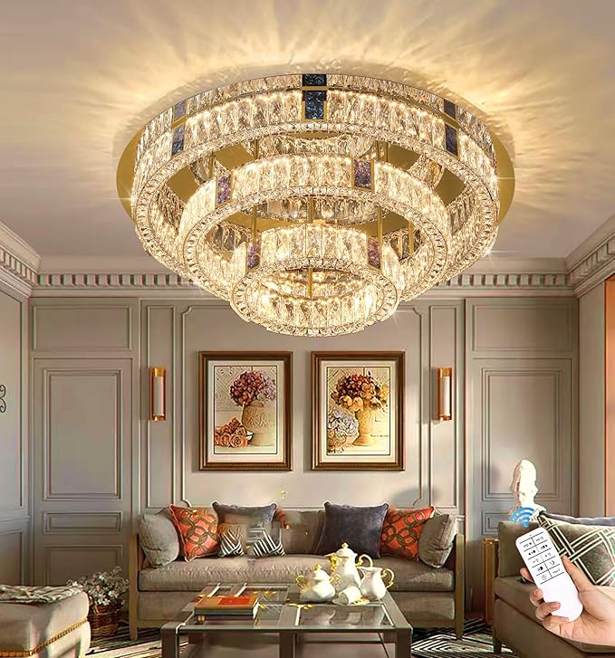 32in Flush Mount Crystal Chandelier Modern LED Gold Ceiling Light 3 Tier Crystal Chandelier for Living Room Dining Room Dimmable 3000k-6000k