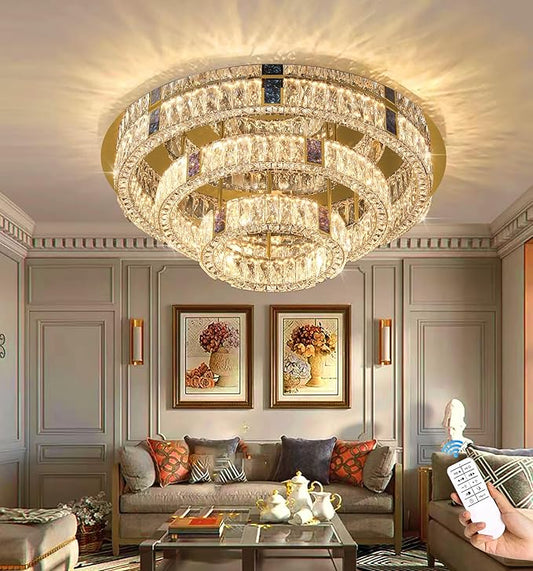32in Flush Mount Crystal Chandelier Modern LED Gold Ceiling Light 3 Tier Crystal Chandelier for Living Room Dining Room Dimmable 3000k-6000k