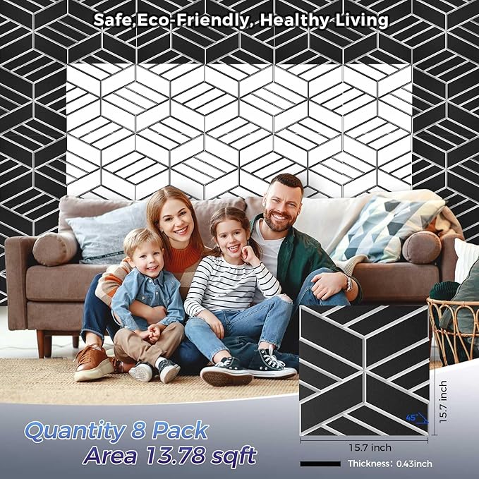 8 Pack 2-Layer Soundproof Wall Panels, 15.7 x 15.7 x 0.43 in Large Sound Proof Foam Panels for Walls, 1.1lb/ft³ High Density, 3D Acoustic Panels,Artistic Noise Dampening Panels Black&White
