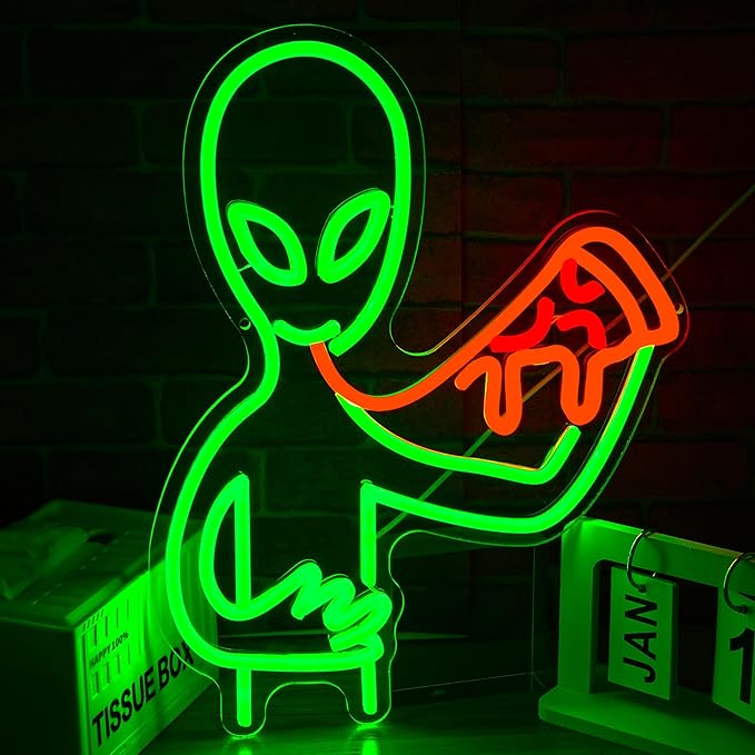 Alien Pizza Neon Sign Dimmable Cool Alien Neon Light Usb Powered Pizza Shop Light Up Sign Tasty Food Led Light Sign for Restaurant Party Bar Pub Man Cave Snack Shop Wall Decor(16.54*12.6 in)