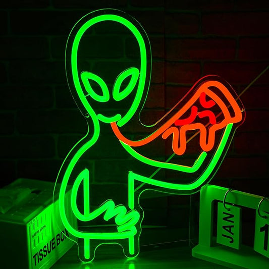 Alien Pizza Neon Sign Dimmable Cool Alien Neon Light Usb Powered Pizza Shop Light Up Sign Tasty Food Led Light Sign for Restaurant Party Bar Pub Man Cave Snack Shop Wall Decor(16.54*12.6 in)