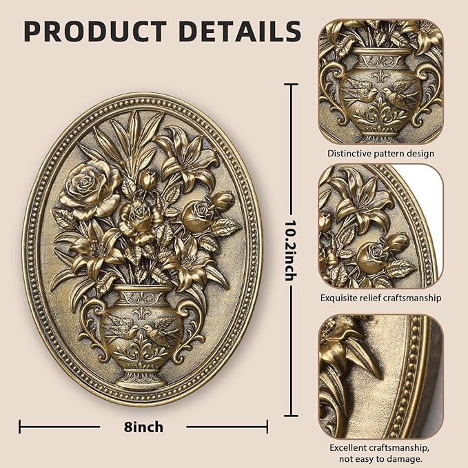 Newinhome Vintage Flower Wall Sculpture, Antique Wall Decor, Hand Painted Wall Decorations with Embossed Flower Design, Antique Pediment, Gold Decor for Living Room Bedroom Hallway, Unique Gifts