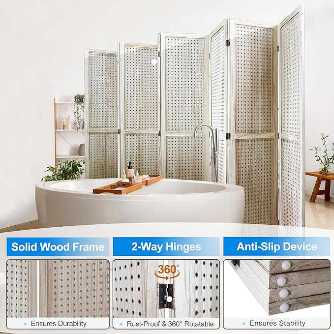 8 Panel Room Divider with Pegboard Display 5.6FT Wood PegBoard Room Dividers, Folding Privacy Screens Portable Freestanding Partition Wall Divider for Art Shows & Room Separation, Natural Wood