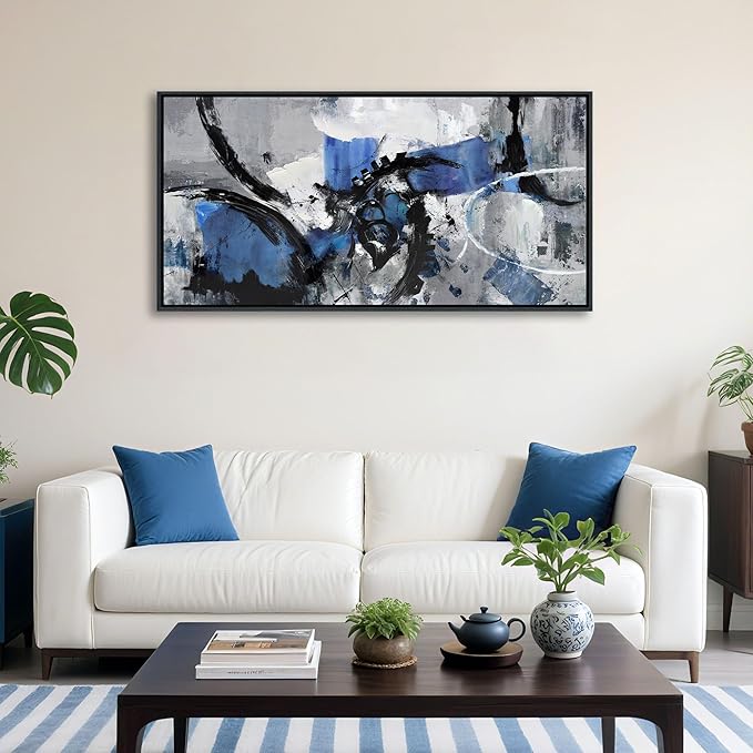 AJAZIKO Blue Abstract Canvas Wall Art: Wall Art for Living Room, Bedroom & Gray Office Decorations for Work, Framed Artwork - Modern Decor with Blue & Black Paintings Pictures Wall Decor 20×40IN