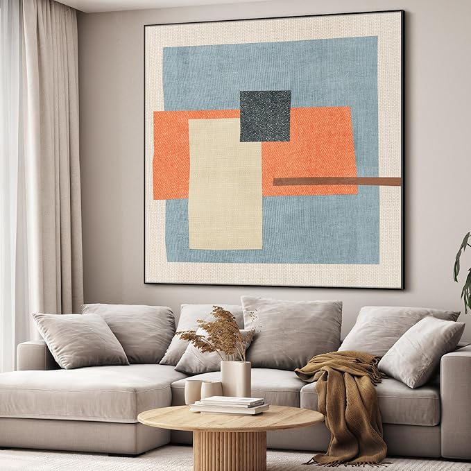 72"x72" XL Framed Wall Art - Color Block in Orange, Blue & Cream (Frame Assembly Required)