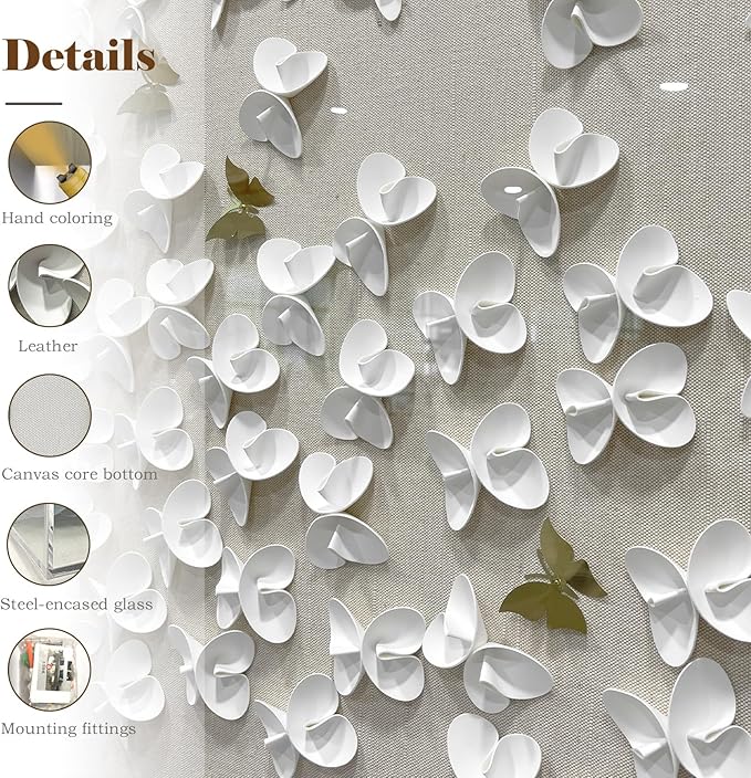 BrightA3D Textured wall decorations, leather and metal-tinged golden and white metal butterfly wall sculptures, large artworks, gradient colors, modern artworks, suitable for decoration in living rooms and bedrooms. 31.5"x31.5"