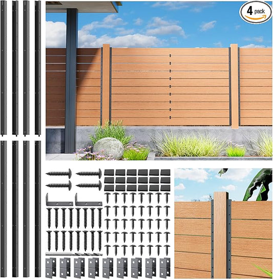 5FT No Dig Privacy Metal Fence Post for Wood Slat U-Shape，Black Line Post Outdoor Privacy Fence Panels Butt-Joint 4Pack