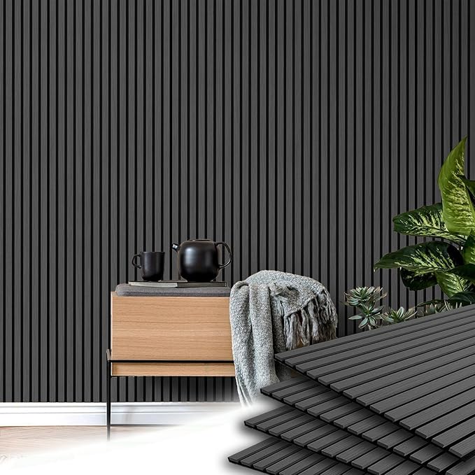 4-Piece Wood Slat Acoustic Panels for Stylish Decor and Noise Reduction, 3D Textured Panel for Ceiling and Wall - Black Oak (47.2 L x 23.6 W in)