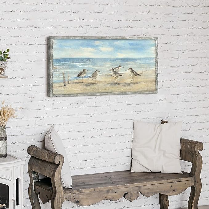 Ocean Framed Painting Wall Decor: 32"x16" Abstract Coastal Wall Art Seagulls Oil Painting Style Seascape Artwork Beach Picture Printed on Wood for Living Room