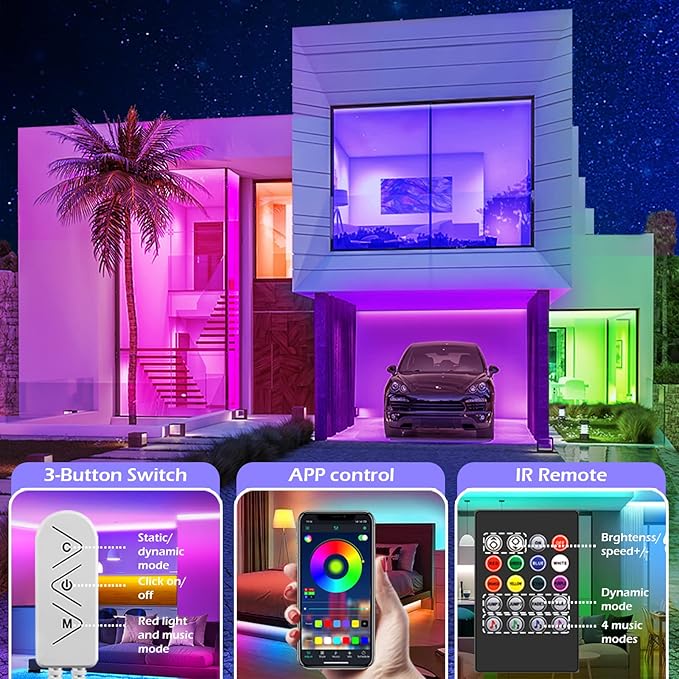Led Strip Lights, 300ft/90m Long Smart Led Light Strips Music Sync 5050 RGB Color Changing Rope Lights,Bluetooth APP/IR Remote/Switch Box Control Led Lights for Bedroom,Home Decoration,Party,Festival