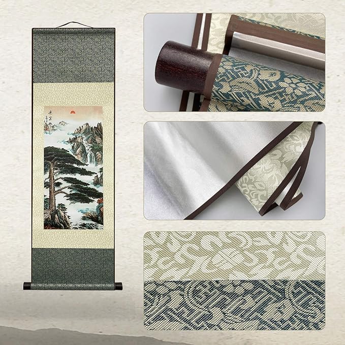 AtfArt Asian Wall Decor - Beautiful Silk Scroll Painting Pine Greeting Guests (Guest-Greeting Pine) Oriental Decor Chinese Art Wall Scroll (36.2 x 12 in)