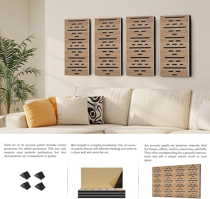 4Pack Acoustic Wall Panel, Self-Adhesive Soundproof Foam Panels for Wall, 3D Perforated Tri-Layer Polyester Fiber Decorative Acoustic Insulation for Recording Studio, Office, 24×12×1.78", Broken-Line