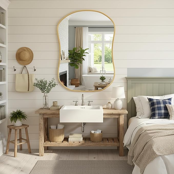 Asymmetrical Wall Mirror 26 * 36 Gold Irregular Abstract Shatter-Proof Aluminum Alloy Decorative Wavy Framed Makeuop Mirrors for Bathroom, Bedroom, Cloakroom, Entryway