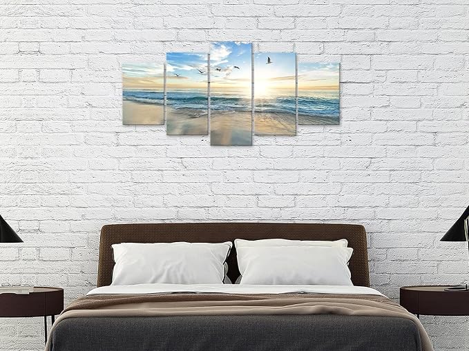 Biufo Seascape Wall Art Canvas Prints Sunrise at Sea Painting Picture Beach Ocean Artwork for Office Bedroom Living Room Wall Decor (Large)