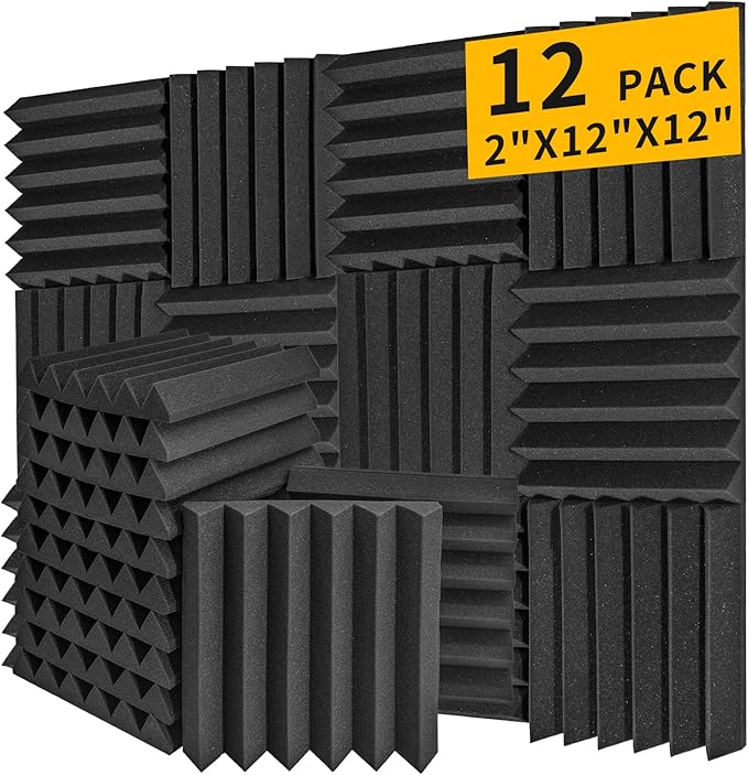 Acoustic Foam Panels 12 Pack 2" x 12"x 12" Saiqiang Soundproofing for Wall Noise Absorbing Sound-Damping Black Sound Insulation Wedges Fire-Resistant Sound Proof for Studio, Office, Gaming Room