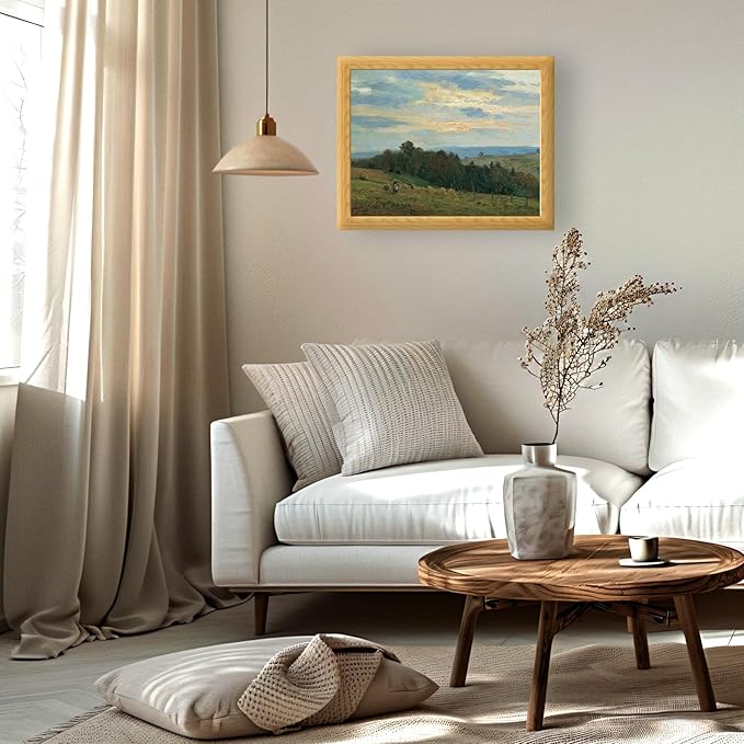 Brivoria Framed Canvas Wall Art Vintage Decor, Rustic Autumn Countryside Scene with Hillside Fields Farmers and Golden Sunset Sky for Living Room Bedroom Fireplace or Gallery Wall Display, 16"x20"