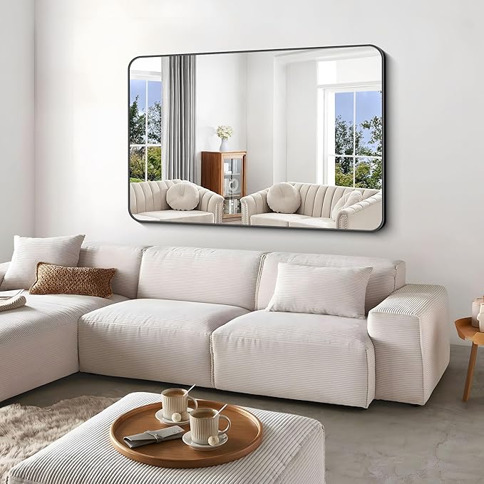 BONEWEI Black Bathroom Mirror,60x40 inch Wall Mirror for Bathroom Wall Mounted,Rectangle Mirror for Bathroom Over Sink,Modern Frame Round Corner for Living Room,Bedroom Entryway,Horizontal/Vertical