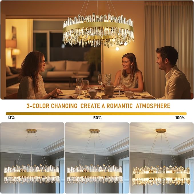 Modern Crystal Chandelier, 16-Lights Round Chandelier for Dining Room 2 Tiers, 32'' Gold Adjustable Raindrop Chandeliers for Bedroom, Dining Chandeliers Over Table for Living Room, Bathroom