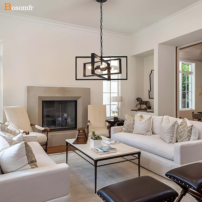 19.7'' Modern Chandelier 4-Light, Black Farmhouse Light Fixture Cross Chandeliers for Dining Room Living Kitchen Island Bedroom Living,Rectangular Metal Industrial Hanging Ceiling Lighting