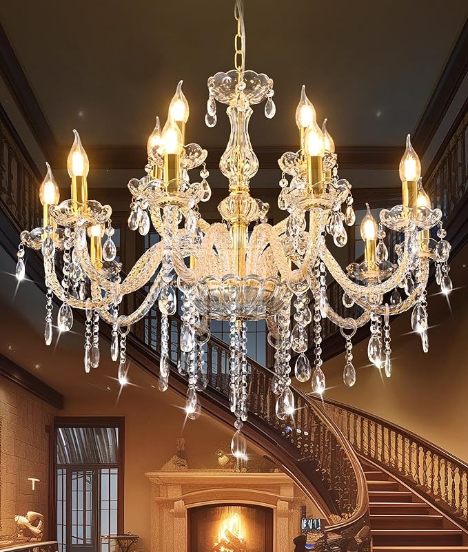 MALOSA Luxury Gold Large Crystal Chandelier for Living Room,Dining Room,Bedroom,Hallway 15 Lights 30.7"