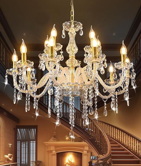 MALOSA Luxury Gold Large Crystal Chandelier for Living Room,Dining Room,Bedroom,Hallway 15 Lights 30.7"