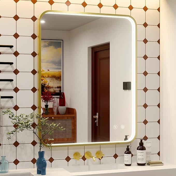 30x36 Inch Gold LED Bathroom Mirror with Lights, Adjustable 300K/4500K/6000K, Wall Mounted Framed Lighted Bathroom Vanity Mirrors, Anti-Fog, Memory, Stepless Dimmable, Horizontal/Vertical