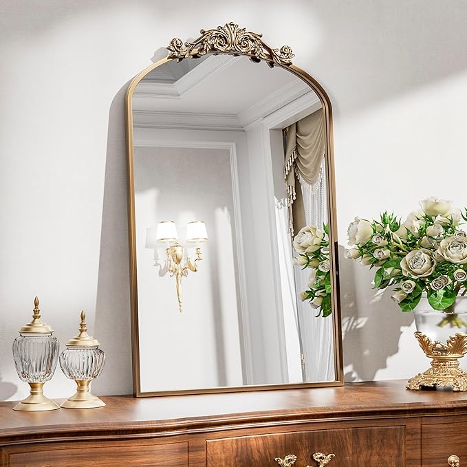 Antique Arched Wall Mirror, 24"x36" Vintage Gold Bathroom Mirror - Baroque Metal Frame Brass Mirror for Living Room, Bathroom, Fireplace, Entryway, Bronze