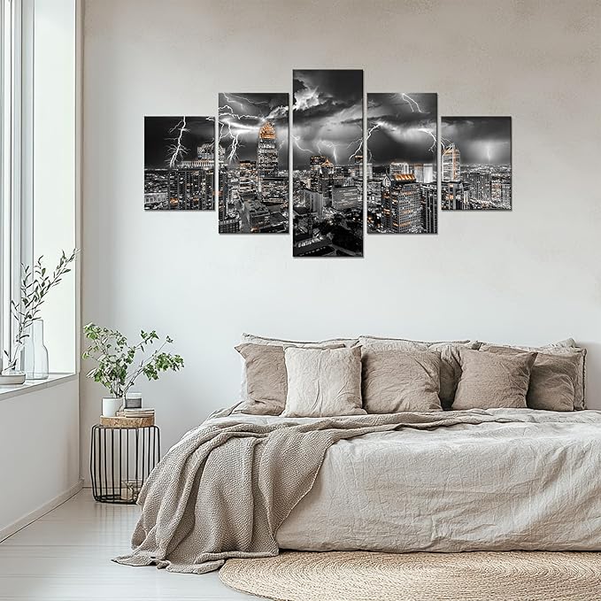 Cawpom Charlotte Wall Decor Charlotte City Skyline Wall Art Black and White Pictures Lightning Storm Canvas Print North Carolina Painting Poster Frame Home Living Room Decoration(60x32 inches)