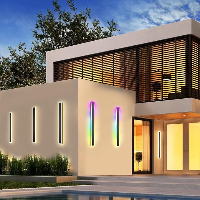 Outdoor RGB Long Wall Lights, 70.8inch 2 Pack RGB/Warm/White Dimmable Modern Led Wall Lighting, Ip65 Waterproof Long Wall Sconce with Remote and APP Control for Outdoor/Indoor