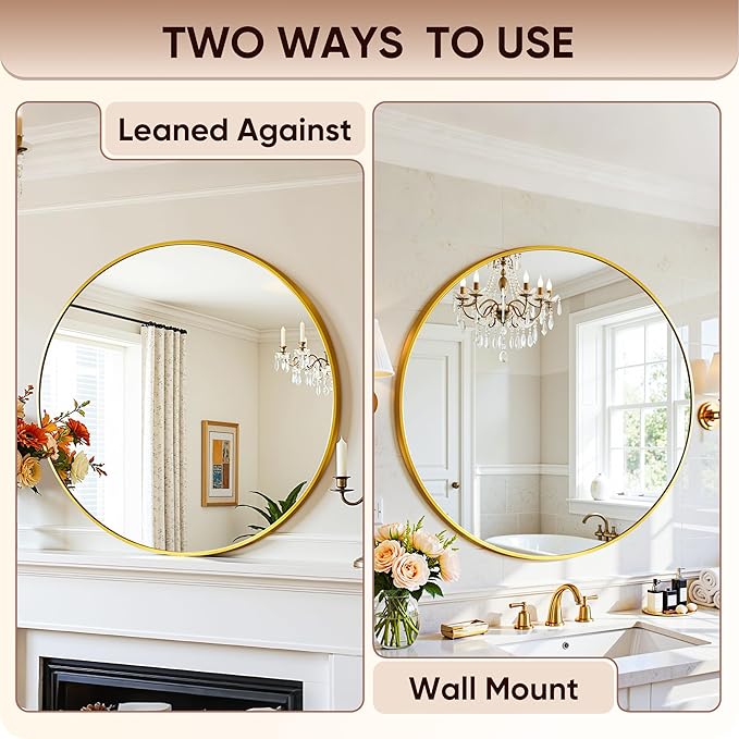 Antok Wall Mirror, 20"x20" Bathroom Vanity Mirror, Anti-Rust HD Tempered Glass, Wall Mounted Mirrors for Living Room, Entryway, Gold Frame, Round