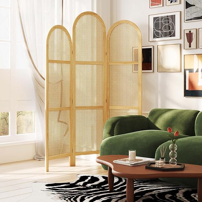 3-Panel Hand-Woven Rattan Room Divider, Tall Foldable Privacy Screen with Wooden Frame - Freestanding Portable Partition for Home Office, Bedroom, Bathroom(Natural-Wave)
