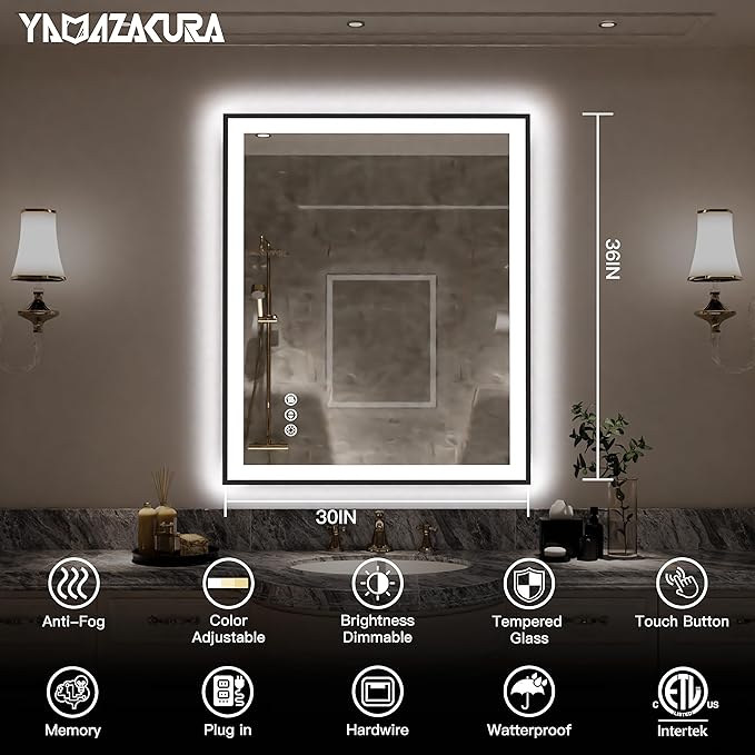LED Bathroom Mirror 36x30 with Backlit and Front Lighted, Framed Dimmable Illuminated Mirror for Wall Anti-Fog Shatterproof (Horizontal/Vertical)