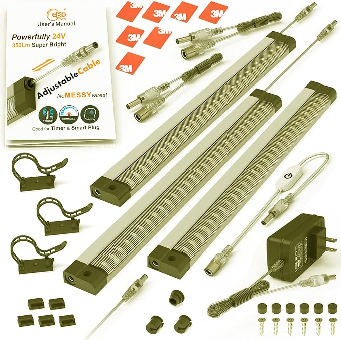 LED Under Cabinet Lighting Touch Under Cabinet Lights Built-in Adjustable Cable & External Cable 3 Panel Under Counter Lights for Kitchen 12W 1350Lm 3000K Warm White Closet Light for Timer