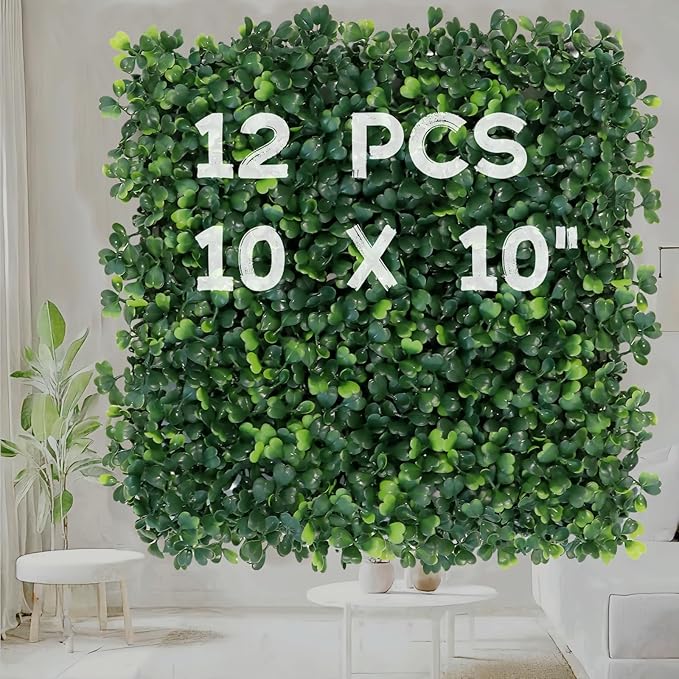 12Pcs 10"x10" Artificial Grass Wall Boxwood Panels Greenery Wall Backdrop Fake Hedge Wall Panels for Indoor Outdoor Garden, Grass Wall Decor Privacy Hedge Screen Patio Party Wedding