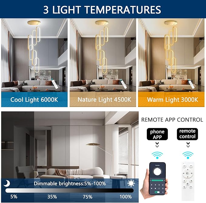 6 Rings Modern Chandelier LED Dimmable Flush Mount Ceiling Light for Foyer Living Room Staircaes Gold