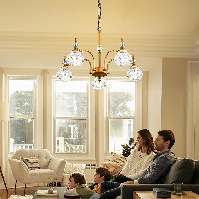 5-Light Vintage Gold Crystal Chandeliers for Dining Room, Antique Victorian Chandelier, Rustic Kitchen Island Light Fixtures, Modern Farmhouse Hanging Pendant Lights for Living Room, Bedroom, Foyer