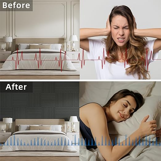 Casaphoria Acoustic Wall Panels, 4 PCS 23.6"x23.6", 3D Soundproof Wall Panels, Wood Slat Wall Panels for Home Office & Accent Walls, Black