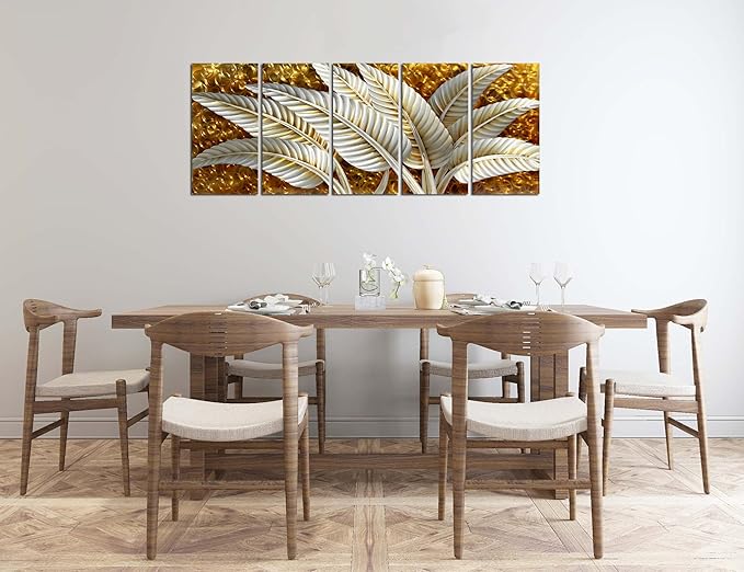 BATRENDY ARTS Silver Banana Leaves Metal Wall Art Decor Rustic Golden Aluminium Artwork Sculpture 5-panel Hand Polished Decorative Hangings for Livingroom Bedroom