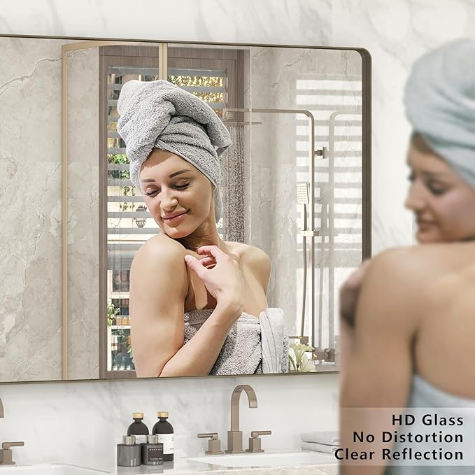 48x40 Bronze Bathroom Mirror, Brushed Bronze Metal Frame Mirrors for Wall, Rounded Rectangle Bronze Mirror for Vanity,Farmhouse, Bedroom, Anti-Rust (Horizontal/Vertical)