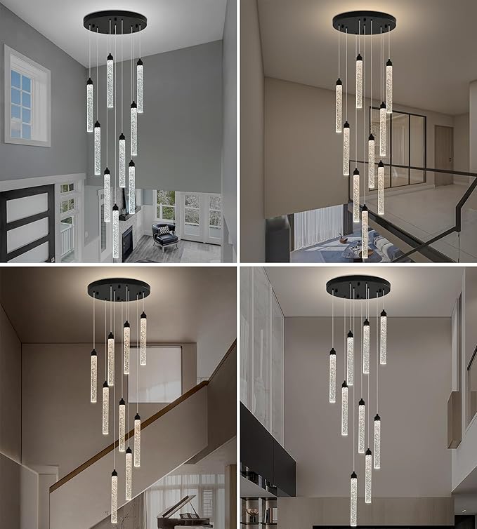 9-Lights High Ceiling Crystal Staircase Chandelier Black Pendant Lights Modern Spiral Raindrop Dimmable LED Bubble Cluster Ceiling Hanging Lighting Fixture for Foyer Living Room Remote Control
