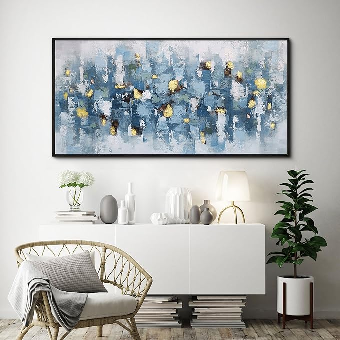 KLAKLA Blue and White Abstract Wall Art - Living Room Wall Decor Gold Picture Artwork for Walls Prints Paintings Framed Canvas Bedroom Office Guest Room Home Decoration 48x24 Inches