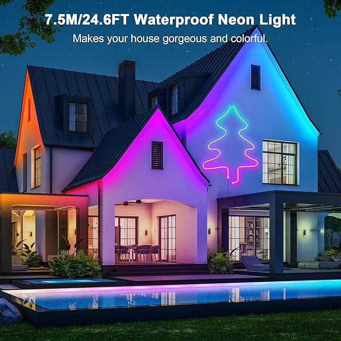 Cozylady 20Ft RGB LED Neon Rope Lights for Bedroom, 7.5m LED Strip Lamp with Double Sided Adhesive Tape, App/Remote Control Waterproof DIY Lights Decorate The Outdoor and Indoor of Your Home.